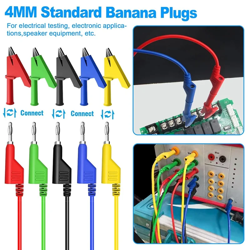 كابل مرن قابل للتكديس من الموز إلى الموز 4 مم، موصلات اختبار كهربائية مع 10 قطع من مشابك التمساح النحاسية الواقية-AT36