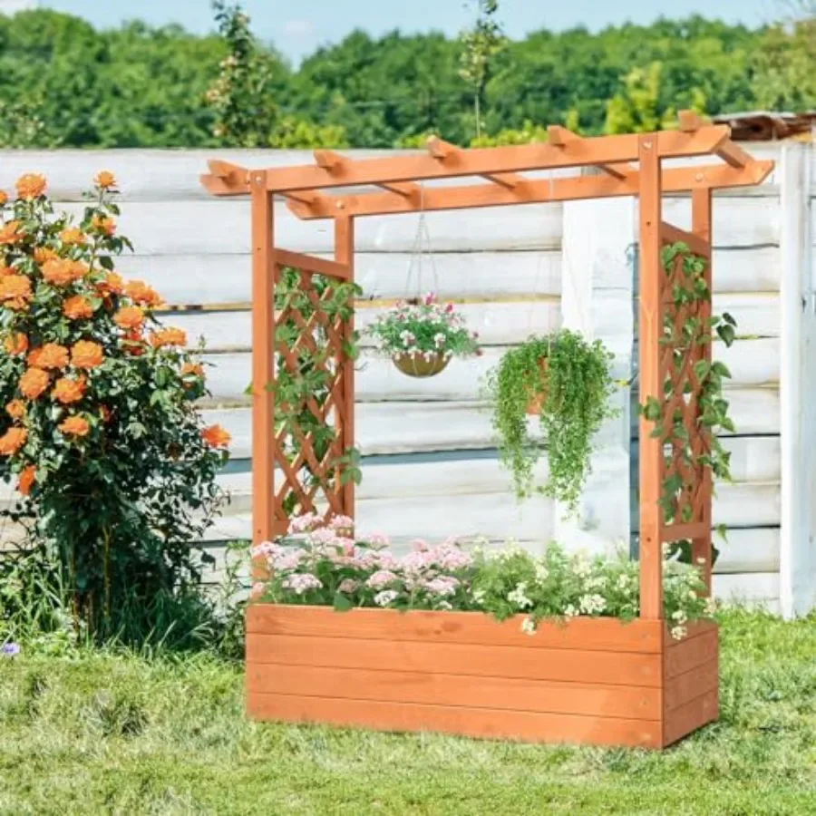 Garden arches for outdoor patio use, made of wood, natural brown color, sturdy climbing support with decorative trellis design