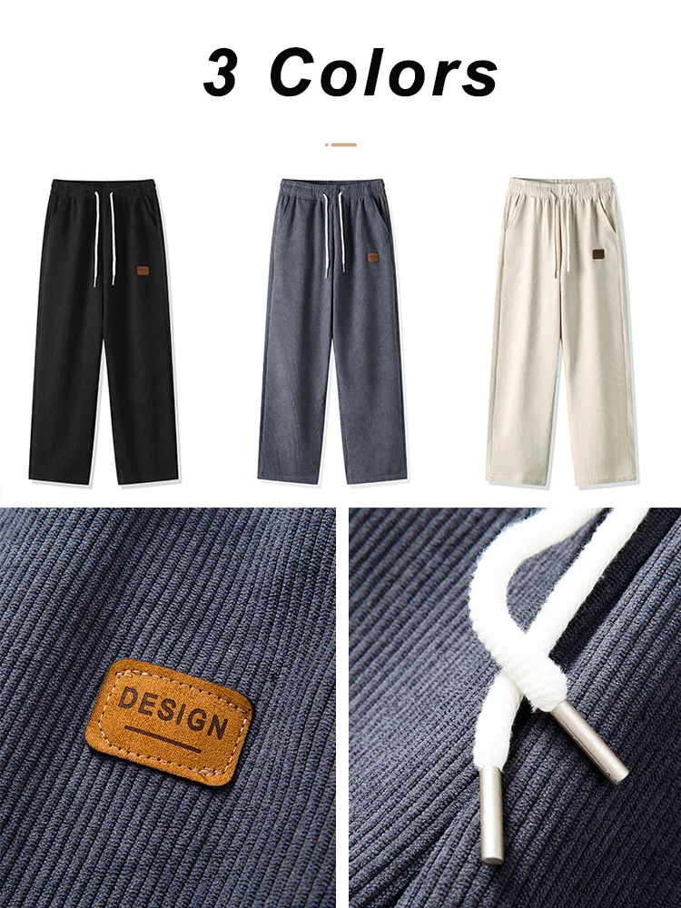 2023 Winter Corduroy Sweatpants Men Drawstring  Fleece Lined Thick Warm Wide Leg Straight Casual Pants Male Loose Trousers