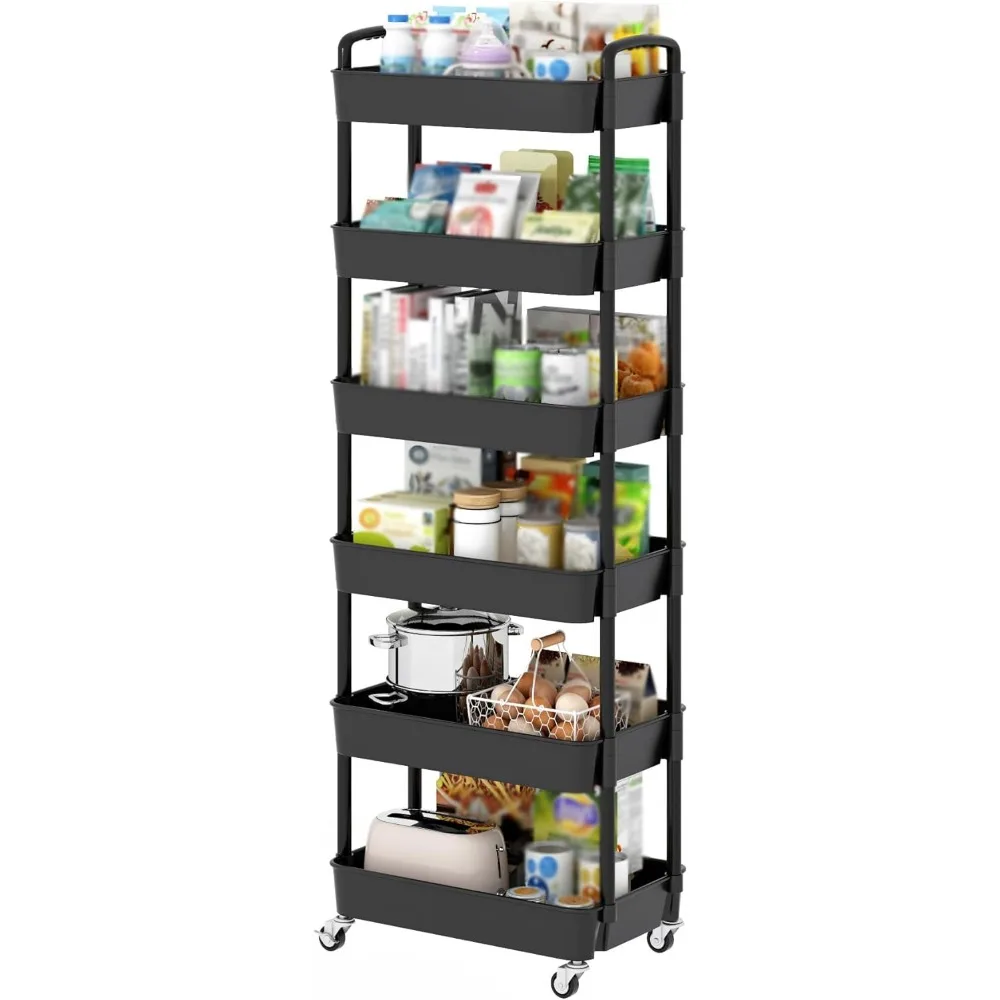 

6 Tier Rolling Utility Cart with Handle Mobile Storage Organizer for Office Living Room Kitchen Black
