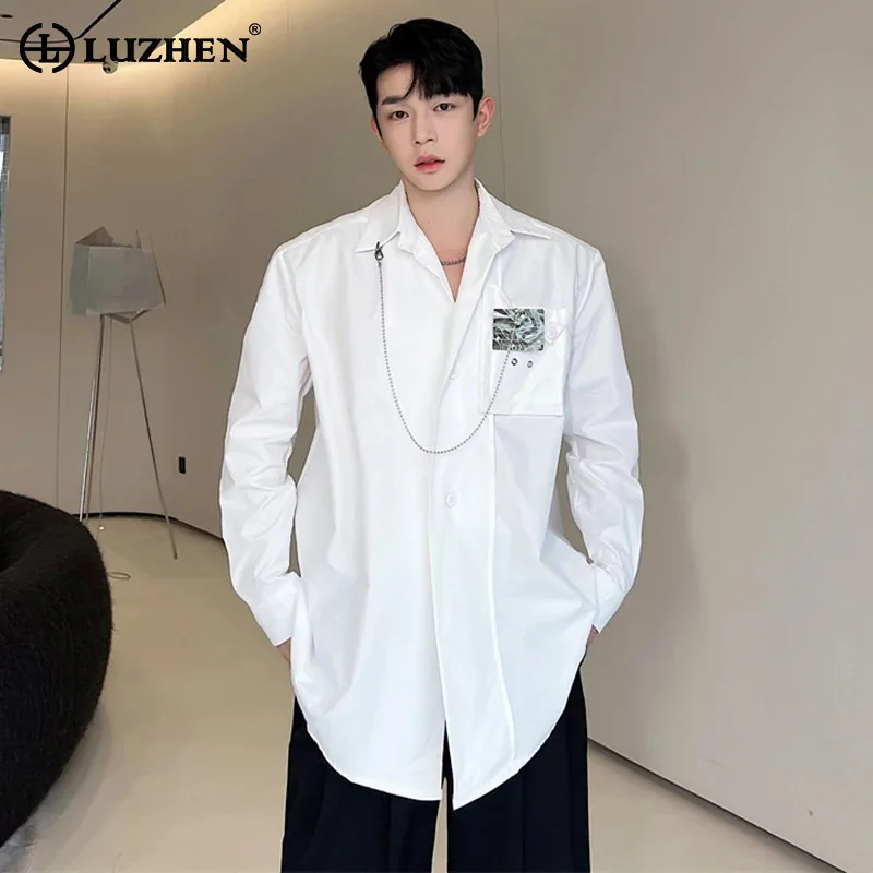 

LUZHEN Korean Stylish Metal Chain Splicing Design Long Sleeve Shirts Original Solid Color Trendy Elegant Loose Men's Tops LZ6041