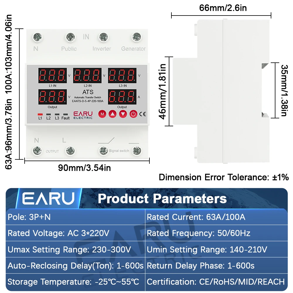 EARU 63A 100A 3 Phase 3P+N Selector Adjustable Over Under Voltage Current Protector ATS Automatic Transfer Switch Monitor Relay