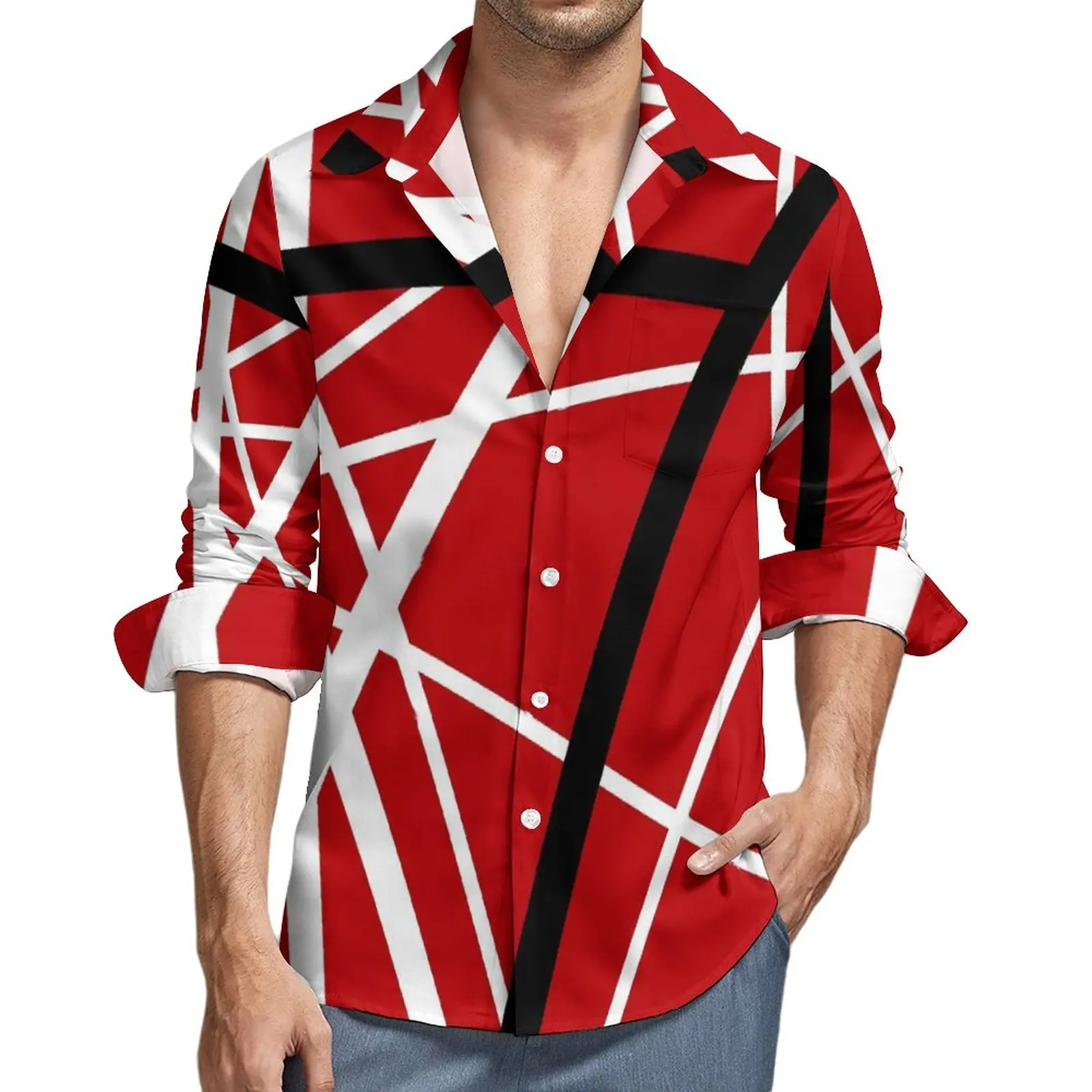 Van Halen Shirt Autumn Lines Print Casual Shirts Male Vintage Blouses Long Sleeve Printed Stylish Clothing Plus Size No Pockets