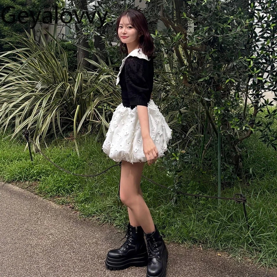 

Solid Color Fashion Casual Skirts for Women Japanese Style Three-Dimensional Flower High Waist Beaded Bud Short Skirt Femme