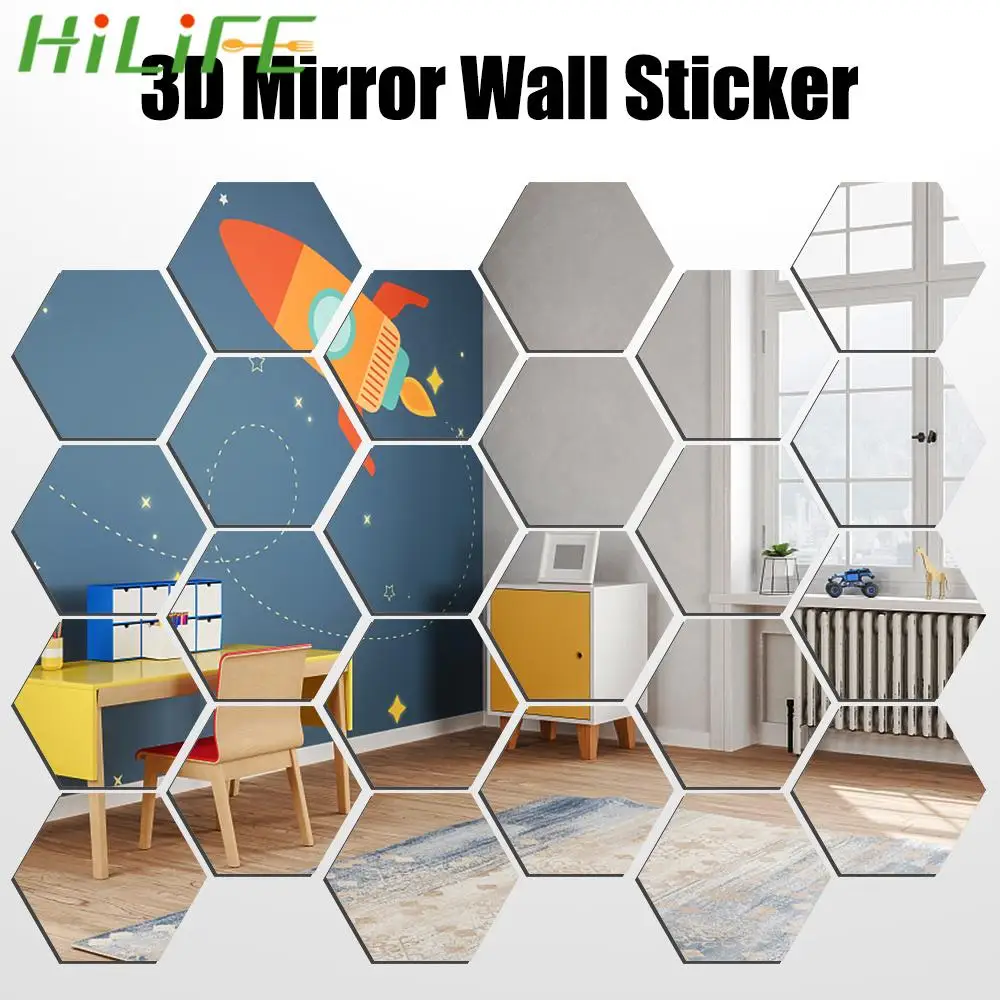 

Home Decor DIY Mirror Decor Stickers 3D Mirror Wall Sticker Art Wall Decoration Hexagon Decal 100mm 24 PCS Self-adhesive