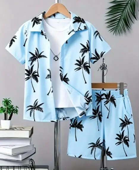 Hawaiian Tropical Plant Pattern Men Co‑ord Set Turn‑down Collar Button Shirt Elastic Waist Short Pant Vacation Suit - view 4