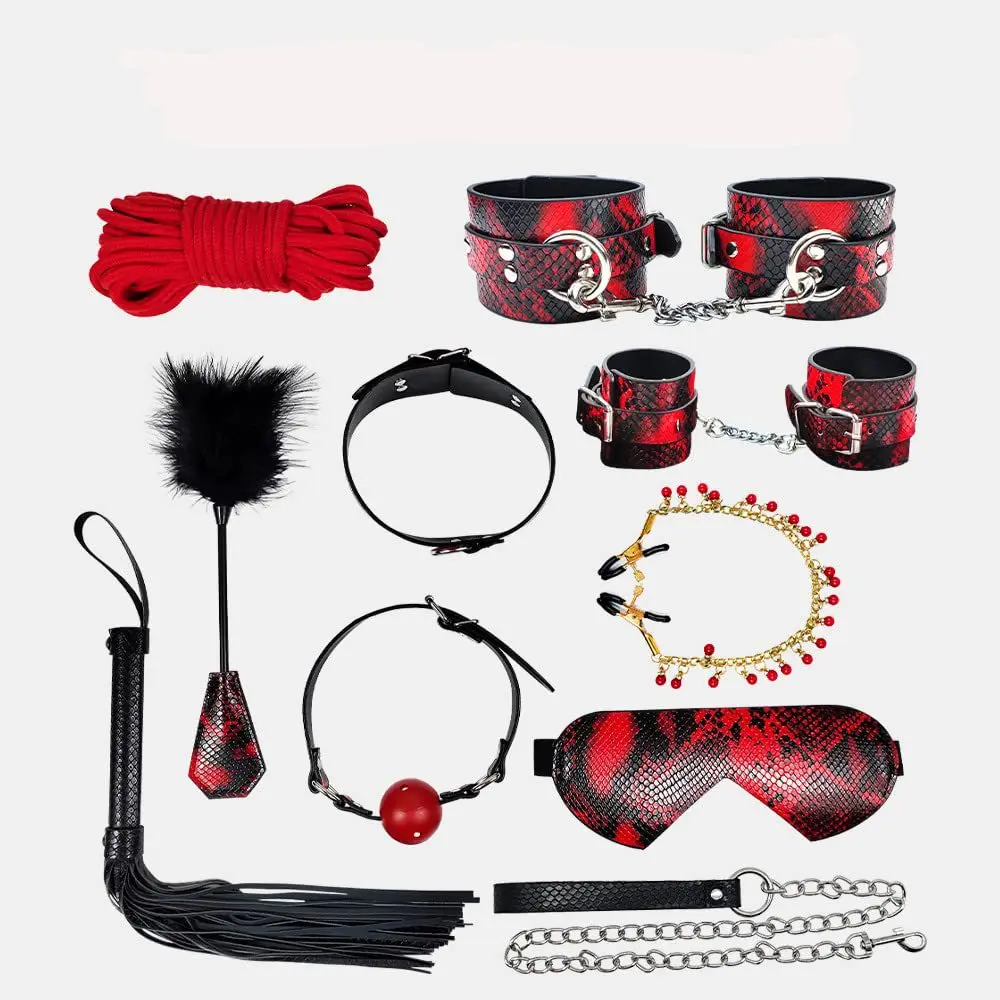 10 Stuks Snake Bondage Kit Pu Zweep Handboeien Voeten Manchet Oogmasker Mondplug Kietelen Touw Metalen Tepel Clip Bdsm Kits