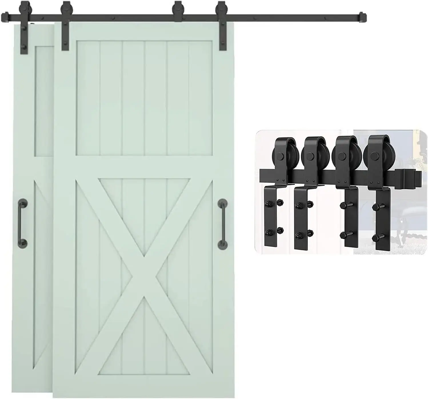 Sliding Door Hardware Kit 5Ft-13Ft Bypass Sliding Barn Door Hardware Kit For Double Wooden Doors ，Mute Roller Single Track,