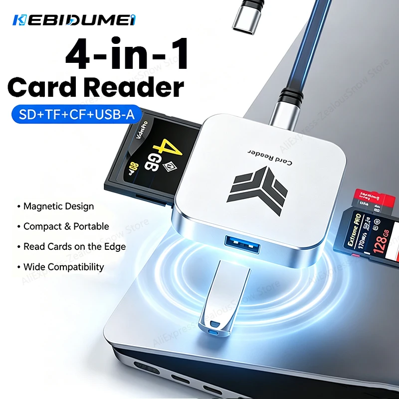  ﻿ KEBIDUMEI Multi Magnetic Card Reader with CF/SD/TF/USB Ports USB-C/A 5Gbps High-Speed 4in1 Adapter for Phone PC Camera Data