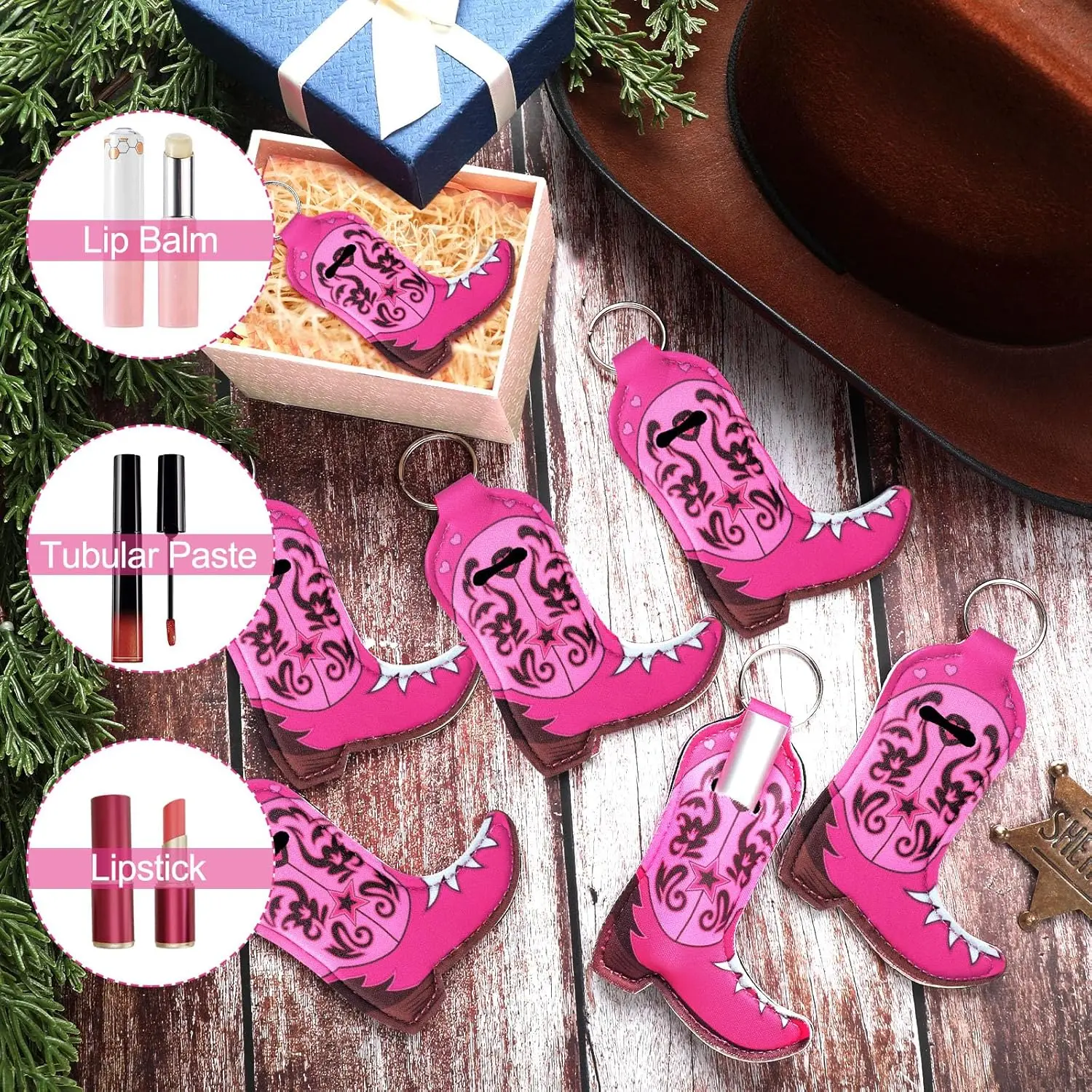 10 Pcs Cowgirl Boot Lipstick Holder Keychain Bulk Western Cowgirl Lip Balm Lip Gloss Holder Keychain for Women