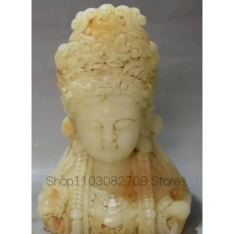 China Old Jade Carving Kwan-yin Guanyin Guan Quan Yin Goddess Head Bust Statue