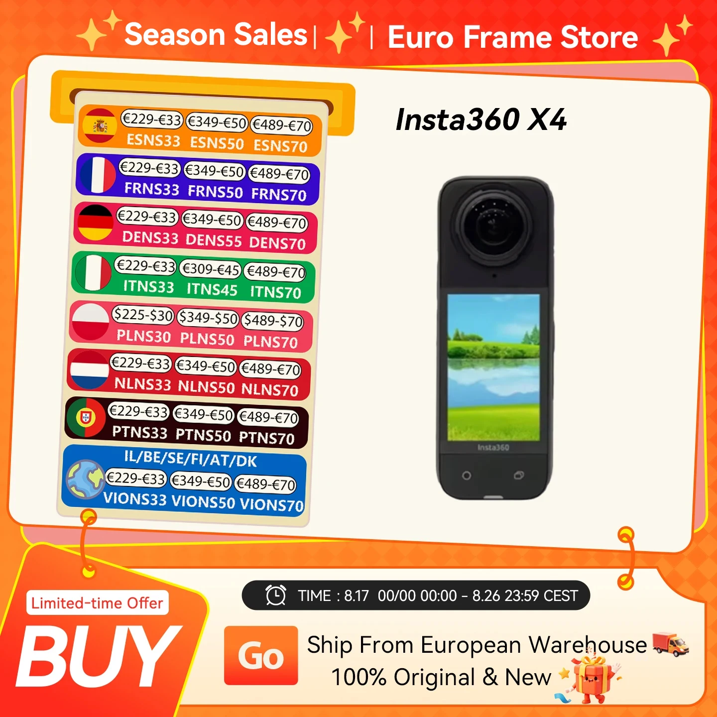 [EU-Lager] Insta360 X4 360 °   Action-Kamera, 8K, wasserdicht, 4K-Weitwinkel-Video, 2290 mAh Akku, Insta360 X4 Sportkamera