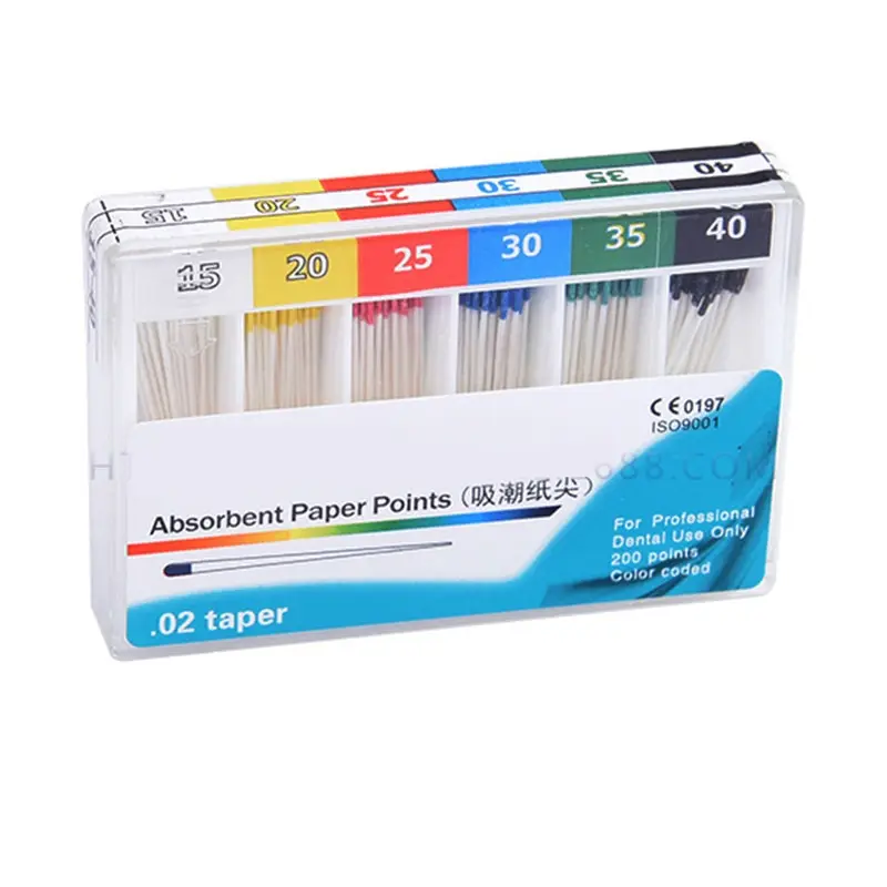 Puntas de papel absorbentes para odontología, puntos de papel, cancelación de raíz, endodoncia, fibra de algodón, puntas de papel, producto de dentista, tamaños mixtos #15-40, 200 unids/paquete