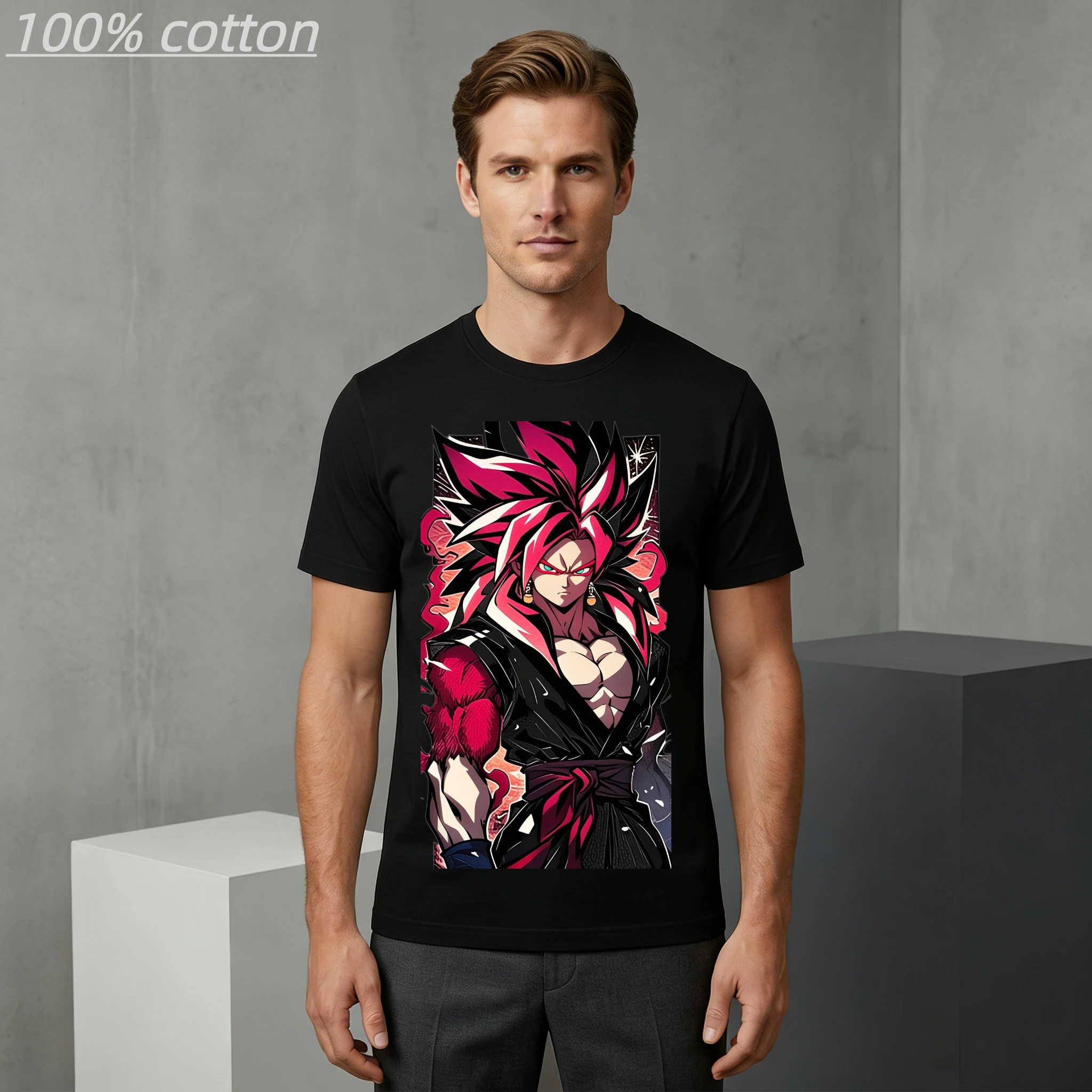 Camiseta de Verano para Hombre 100% Algodón con Estampado de Anime, Estilo Casual Urbano, Dragon Ball Super Goku Black Super Saiyan Rosé con Pendientes Potara