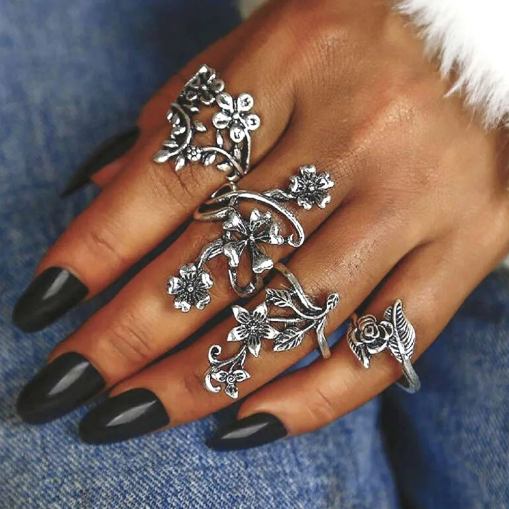 خواتم فضة أوروبية عتيقة موري فتاة نمط ورقة الكرمة الأزهار بوهو طقم مجوهرات للنساء مجموعات خواتم نباتية مستوحاة من الطبيعة