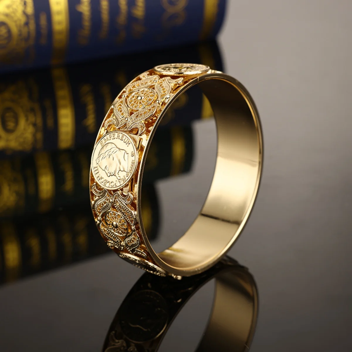 Classic French Coin Golden Color Napoleon III Bracelet Hollowed-Out Design Wedding Bangle