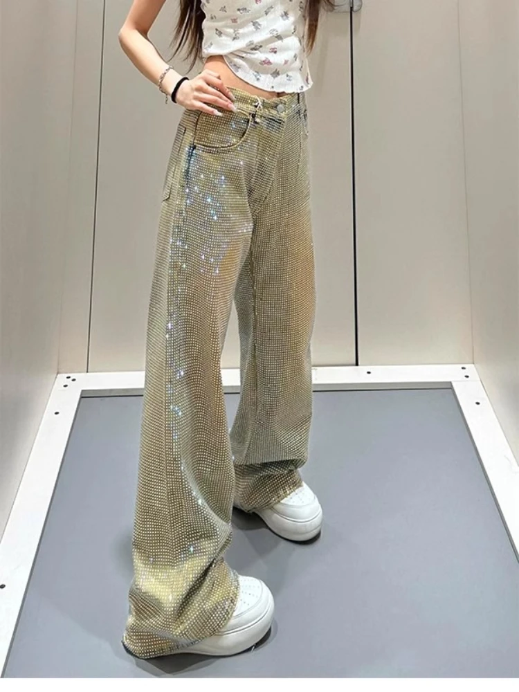 High Quality Jeans American Style Hot Girl Wash Diamond Denim Trousers 2025 New Fashion Trendy High Waist Straight Pants Women