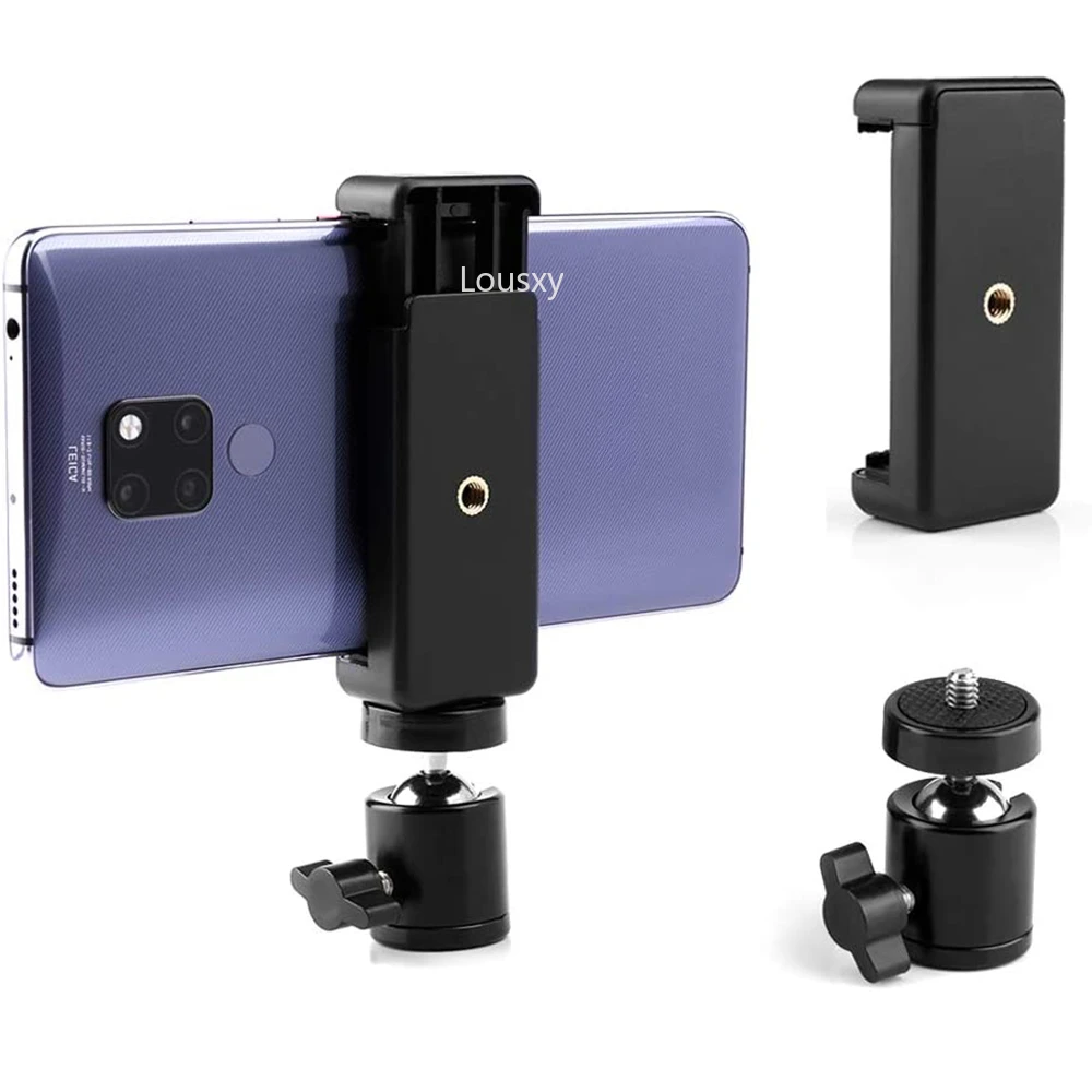 Universal Tripod Mount Cell Phone Holder Clip and Ball Head Adapter Set for iphone Tripod and Selfie Stick with 1/4 Screw