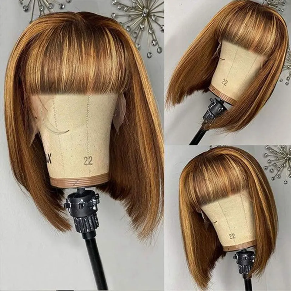 180D Short Cut P4/30 Highlight Straight Human Hair Wigs With Bangs Blonde Bob Bangs Wigs Brazilian Straight Full Machine Wigs