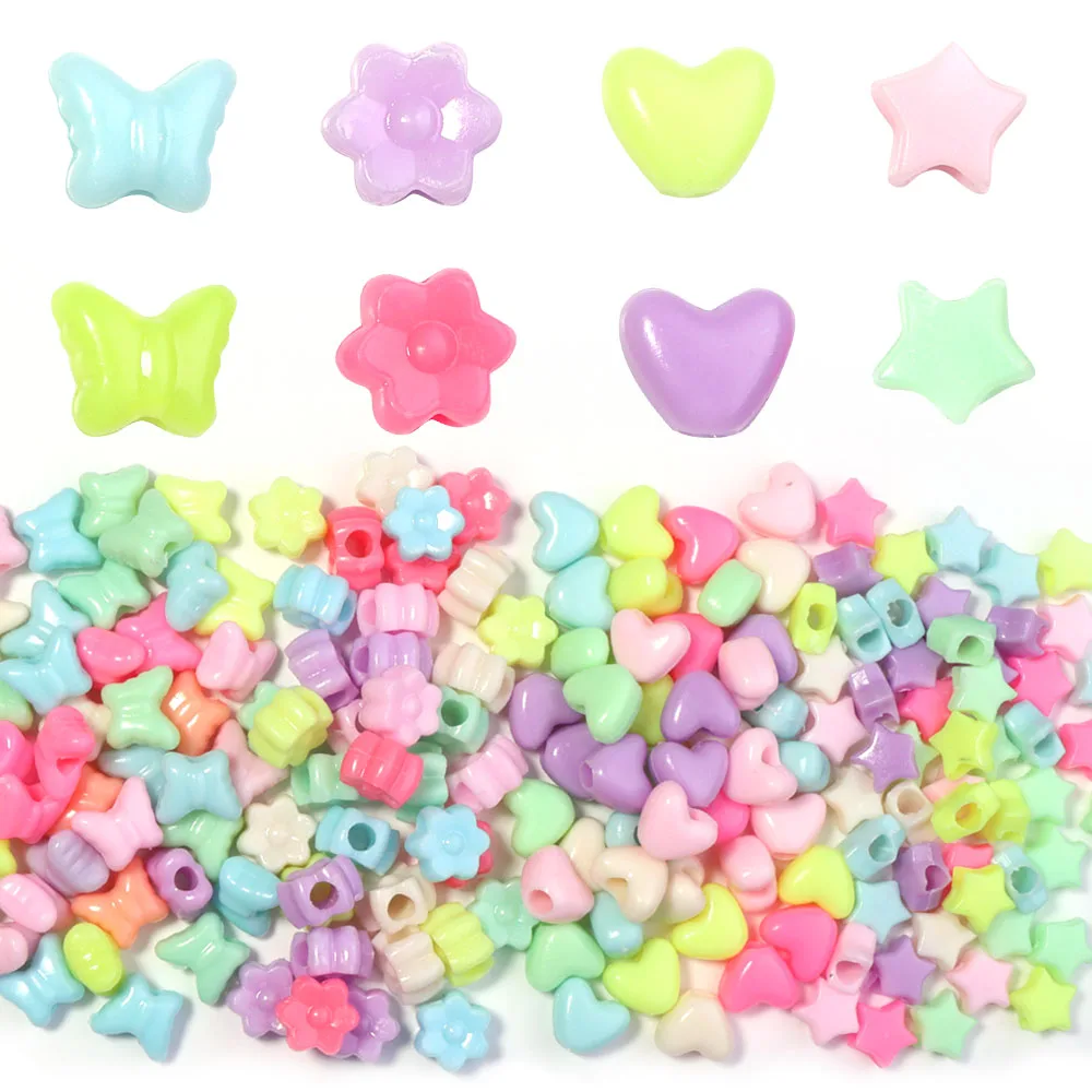 200 stücke Macaron Farbe Acryl Perlen Stern Herz Schmetterling Blume Großes Loch Lose Perlen Für DIY Schmuck Machen Armbänder Zubehör