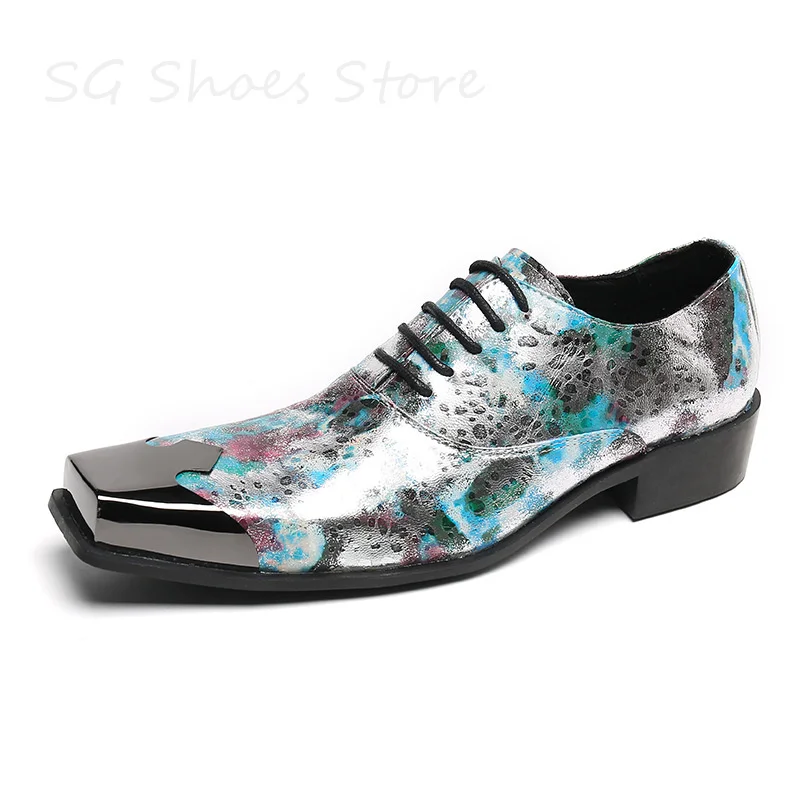 Luxury Designer Business Office Dress Shoes for Man Mixed Color Graffiti Prints Lace-Up Oxfords Male Metal Square Toe Loafers