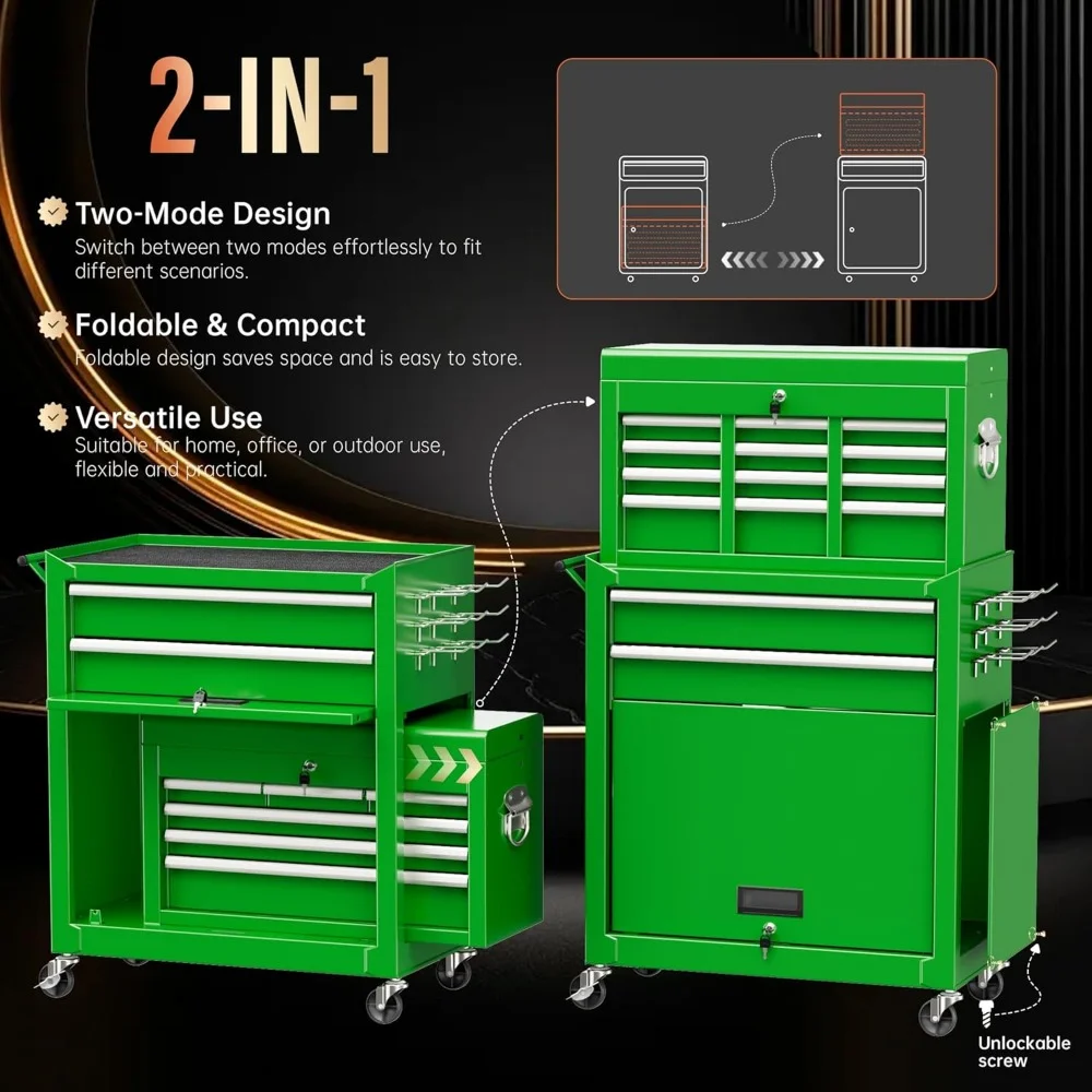 8 Drawer Tool Chest with Wheels, 2-in-1 Detachable Rolling Tool Box with Drawers, Large Tool Cart on Lockable Wheels