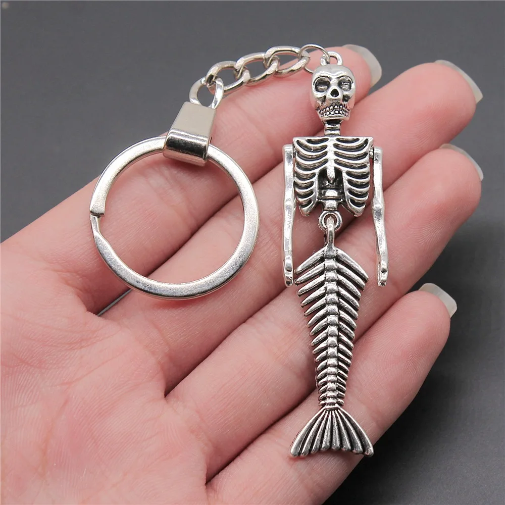 Souvenirs Gift Men Keychain 2 Colors 18x74mm Mermaid Skull Pendant Keyring DIY Metal Holder Chain image 3