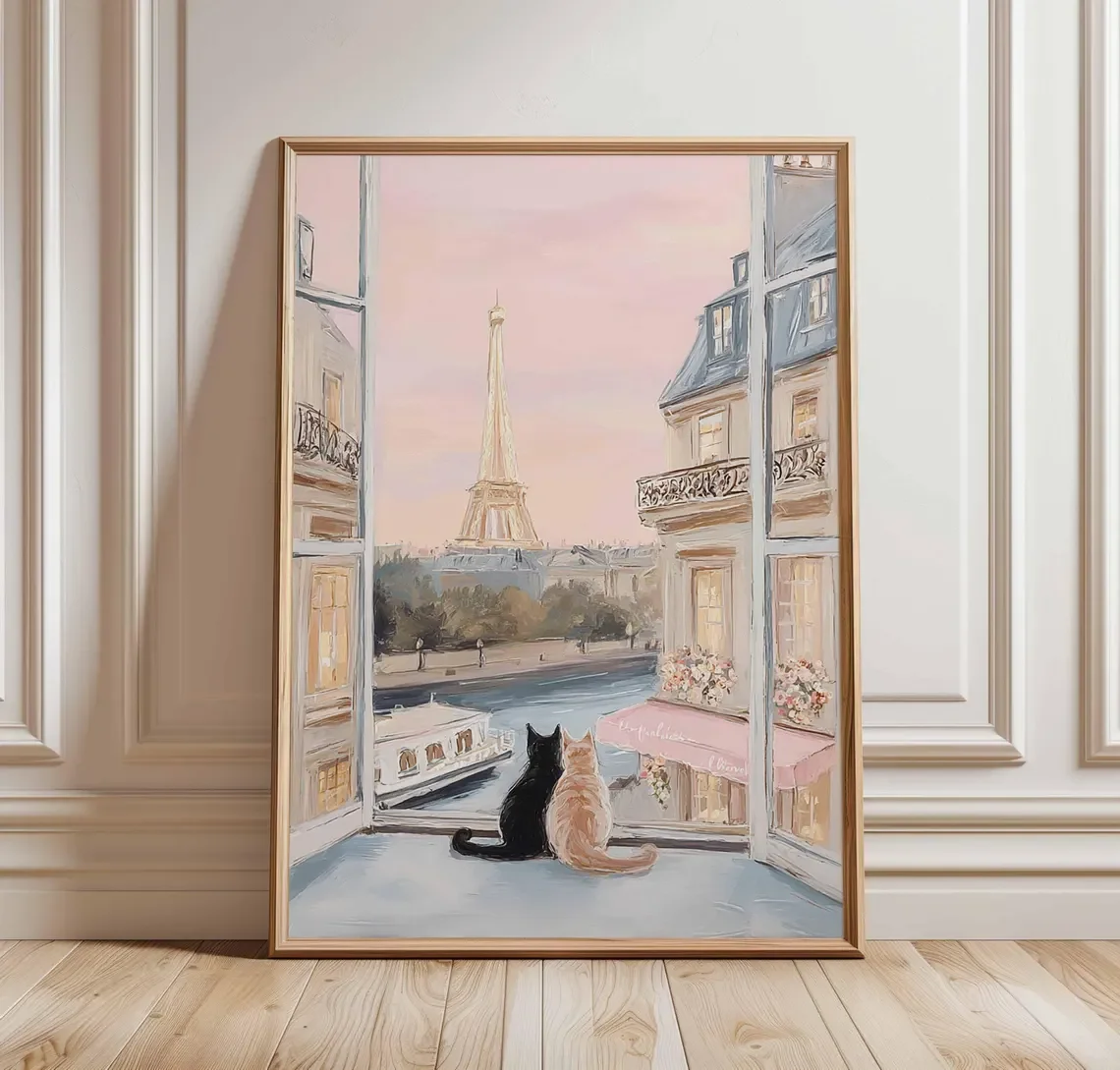 Paris Cat Wall Art Print, Eiffel Tower Window View Poster, Romantic French Apartment Decor, Whimsical Paris Cats Illustration