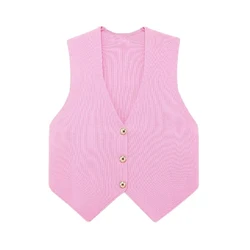 YUEYANG Women Fashion Sweet Plain Knit Short Vests Female Buttons V-Neck Sleeveless Sweaters Ladies Knitwear