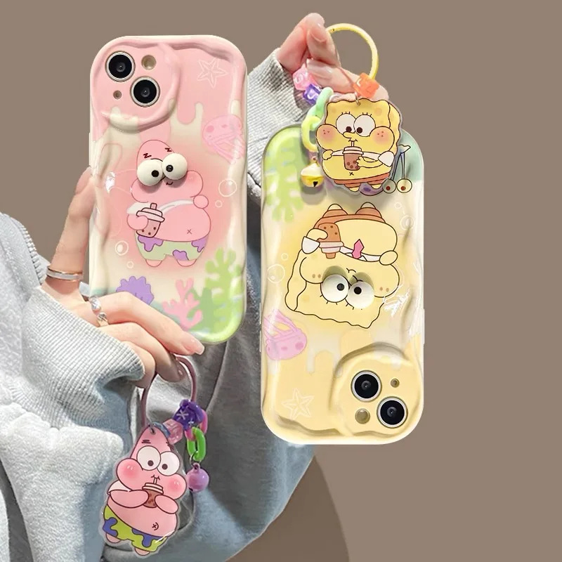 For Samsung Galaxy S24 Ultra S20 S23 FE S22 S21 Plus A21S A51 A50 M54 M34 M14 Big Eyes SpongeBob Cartoon Phone Case With Pendant