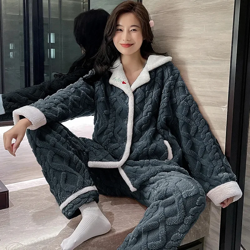 Coral Fleece sleepwear For women Autumn Winter Button Thicken Flannel Long sleeved Warm Flannel Home clothes Women Pajamas Sets