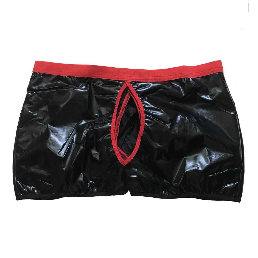 Open Big Penis Bag Lingerie Panties Men Leather Boxer Shorts Sexy Low Waist Buckle Erotic Gay Underwear Hollow Back Underpants