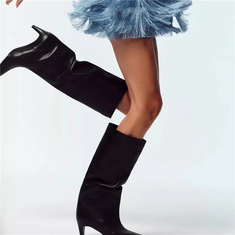 

MORAZORA Plus Size 34-43 Genuine Leather Knee High Boots Women High Heels Boots Pointed Toe Ladies Winter Modern Boots Black