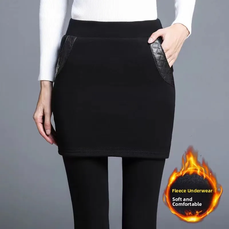 plus Size Autumn Winter High Waist Thermal Long Pants Fake Two-Piece Skirt Tight Fit Warm Bottoming Trousers for Women