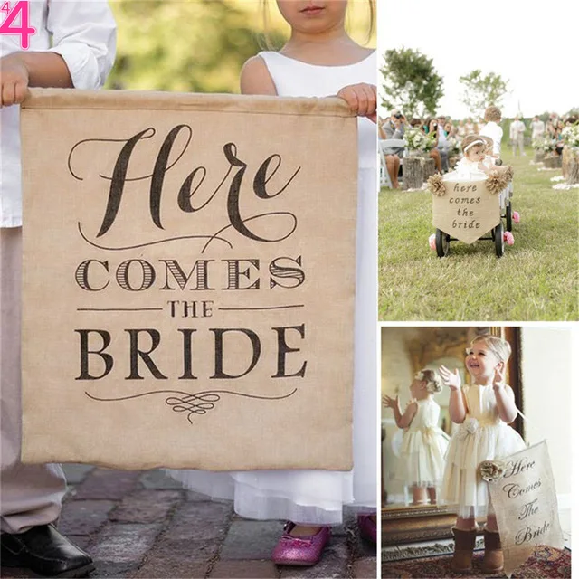 Rustic Burlap HERE COMES THE BRIDE Chic Wedding Hessian Sign Wedding Flower Girl Sign Bride Shower Bunting Banner Flags 4F