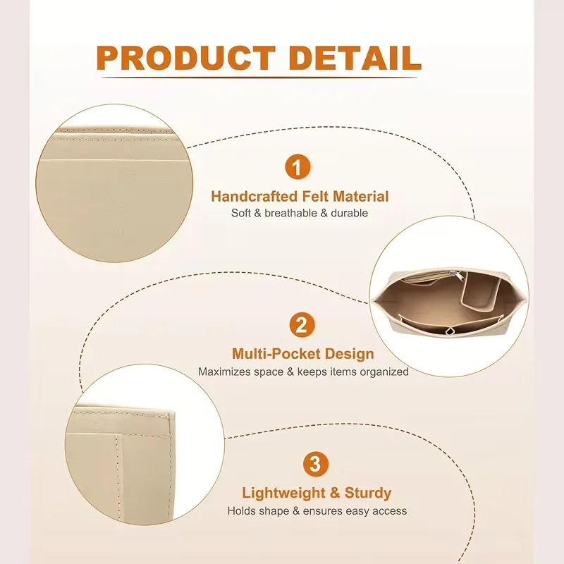 Elegant Felt Organizer Insert for Speedy 30 & 35 Tote Bags - Lightweight, Non-Washable, Cream Color