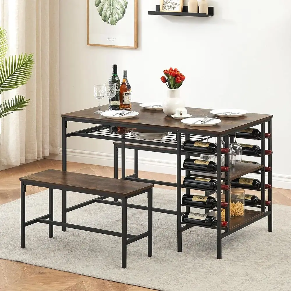 Dining Table Set or 4, Kitchen Table Set or 4 with 2 Benches, 3 Piece Dining Room Table Set or Small Space Aparent, Retro Brown