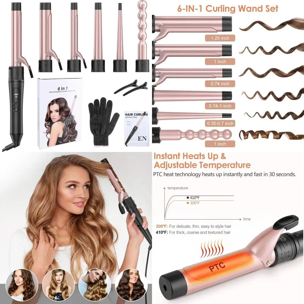 

6-in-1 Curling Wand Set: Pro-Grade Heat-Up Hair Curlers with 6 Ceramic Barrels, Adjustable Temps, Glove & Clips