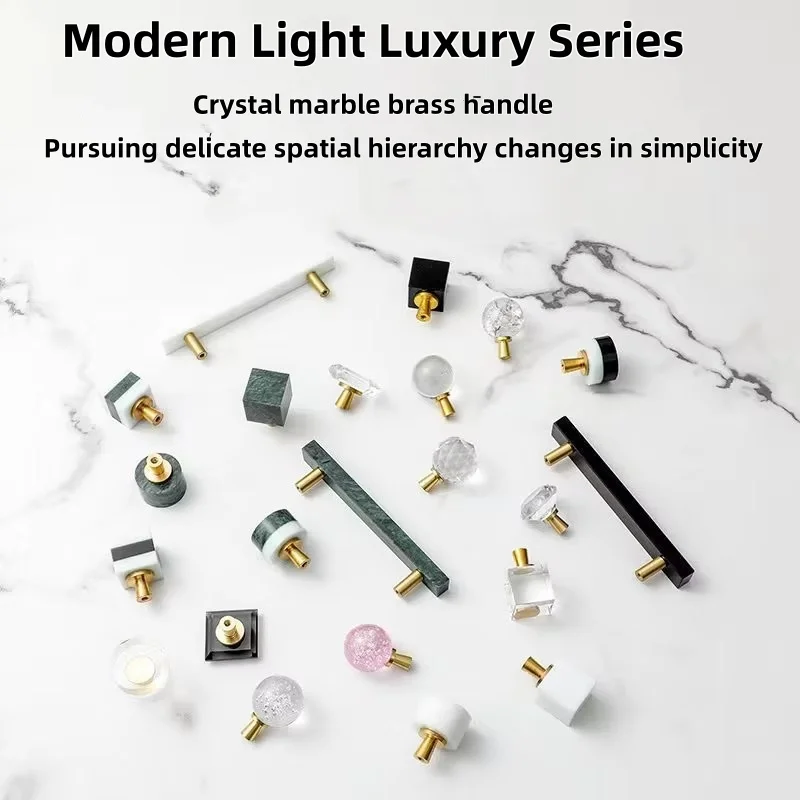 Brass Crystal Marble Handle European Light Luxury Diamond Light Ball Drawer Cabinet Wardrobe Door Handle