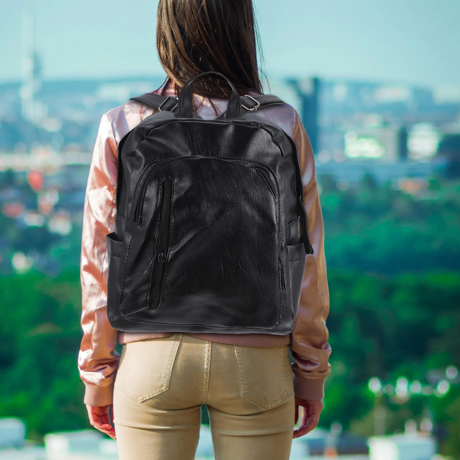 حقيبة ظهر عصرية من البولي يوريثان باللون الأسود ذات سعة كبيرة حقيبة كتف للسفر المدرسية مضادة للسرقة وسحاب حقيبة ظهر من البولي يوريثان