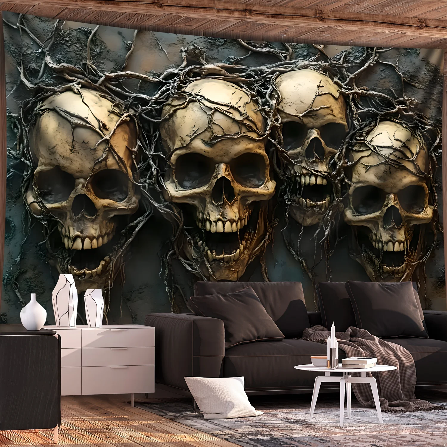 Gothic Horror Wandteppich Totenkopf & Ranke Wandbehang für Schlafzimmer/Wohnzimmer, Gothic Dekor mit kostenlosen Clips Pfirsich Beige Fantasy Art
