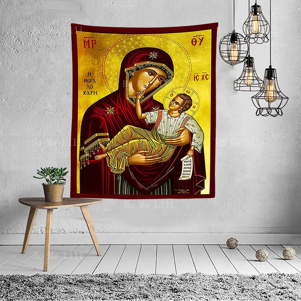 Mary Of Sorrow With Seven Greek Orthodox Icons Of Seven Swords Christ Opens The Book Of The Virgin Room Decoration Tapestry