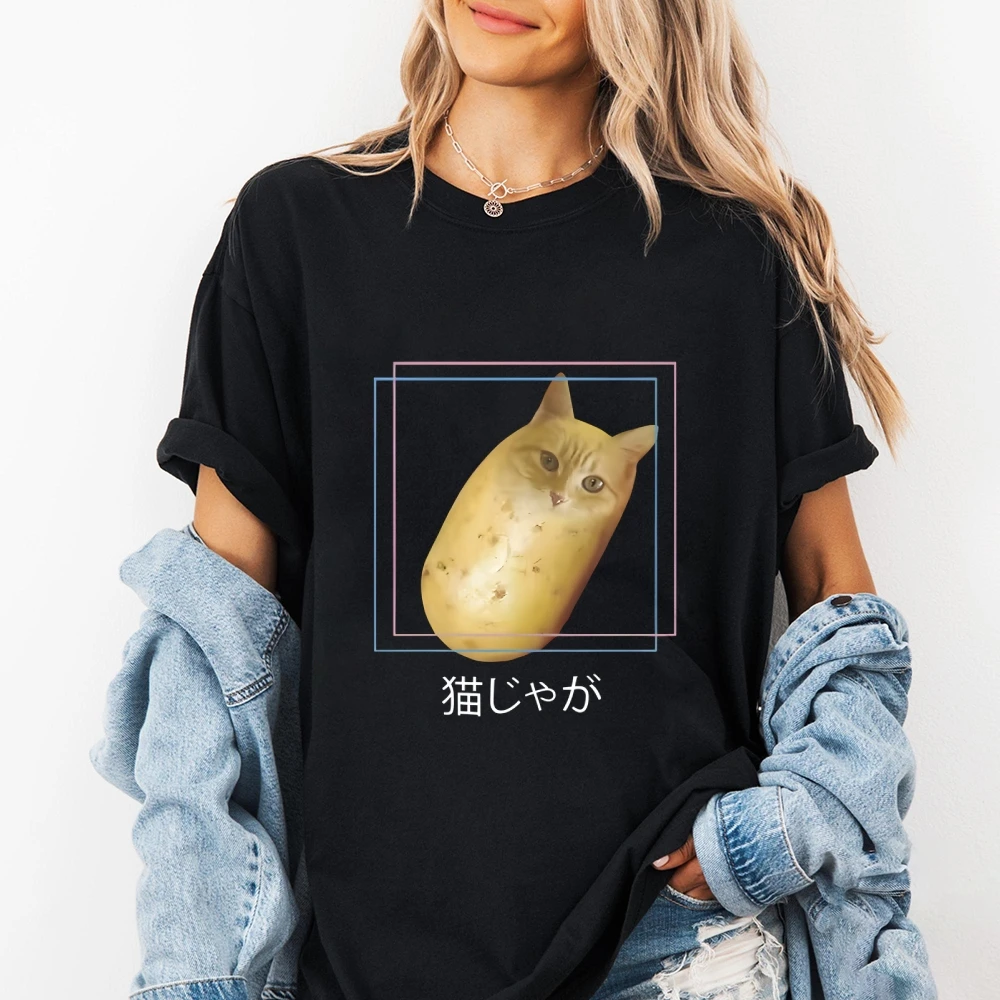 

Potato Meme Cat Kitty Graphic Funny Playful Tee Shirt Full Cotton Breathable Oversized Street Wearing Summer Top Wearing