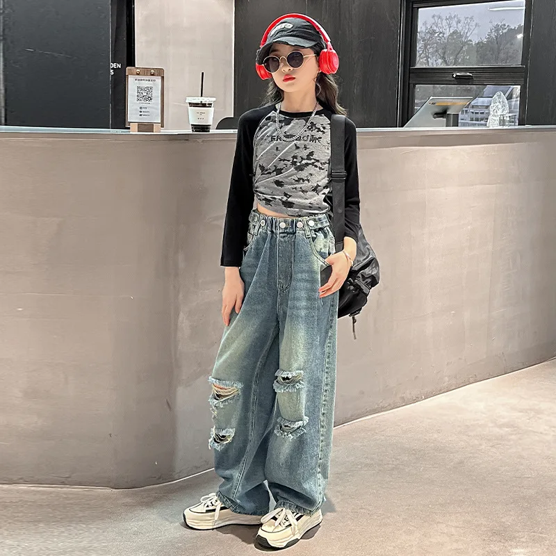 Girls Vintage Ripped Jeans for Fashion High Waist 2024 Spring Autumn Broken Hole Wide Leg Pants Kids Teen Denim Trousers 5-14Yrs