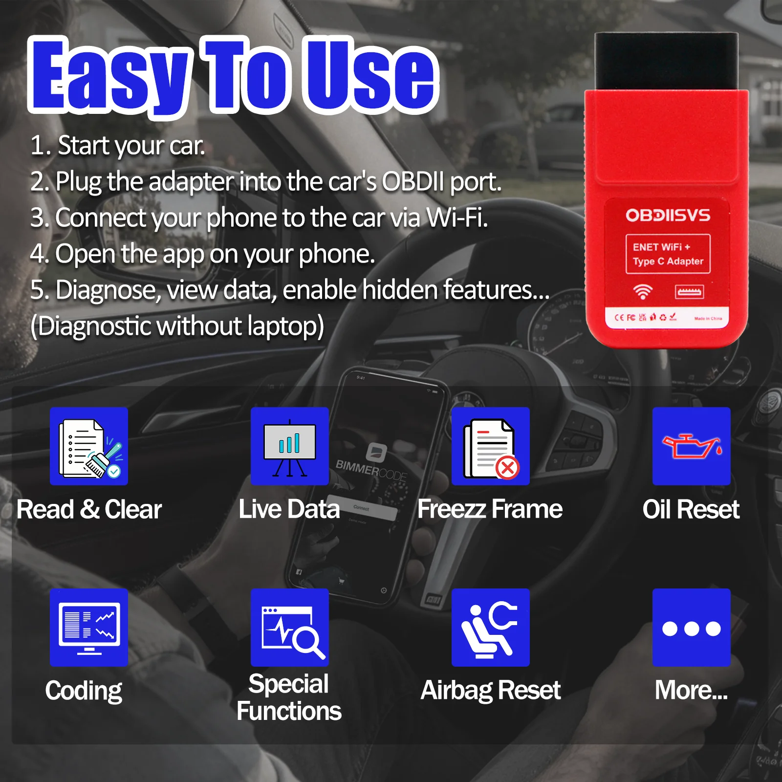 OBDIISVS Enet WiFi Adapter DoIP Interface Work for MHD, Bootmod3, xDelete, BimmerCode for F/G/I Series OBD2 Wireless Adapter
