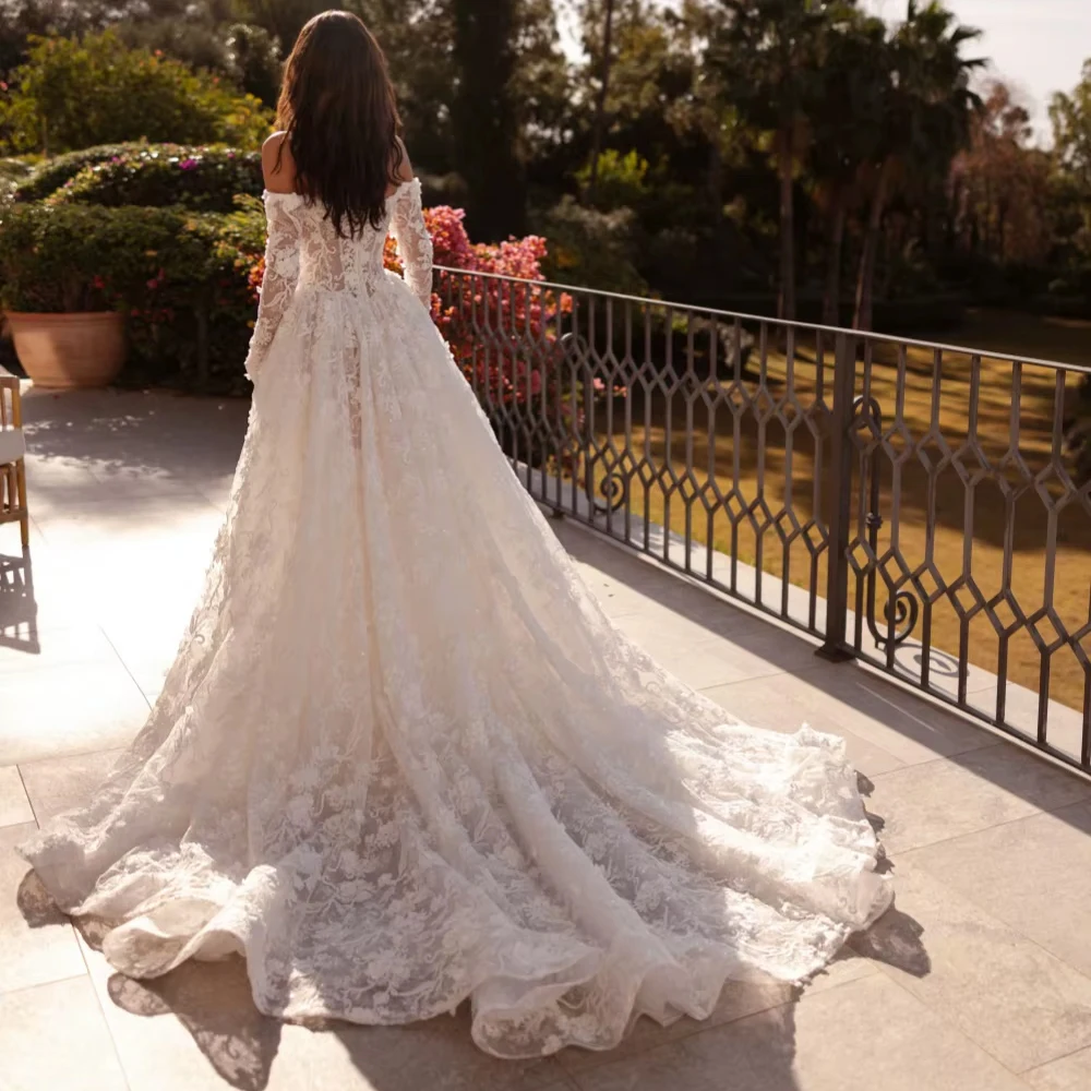 Customized New Arrival Shimmering 3D Floral Wedding Dress Off Shoulder A-line Lace Long Bridal Gown Charming Bridal Gown