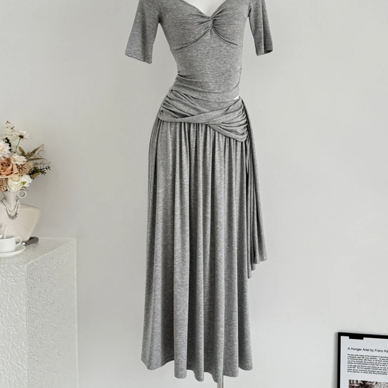 Qiukichonson bandagem design algodão maxi saia longa feminina 2025 francês vintage outono inverno cintura alta plissado saias plissadas