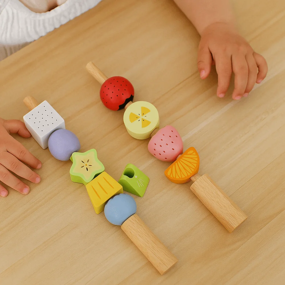 Geometric Fruits Shape Matching Game Montessori Fruit Color Shape Educational Beaded DIY Lacing Beads Wooden Sorting Stacking