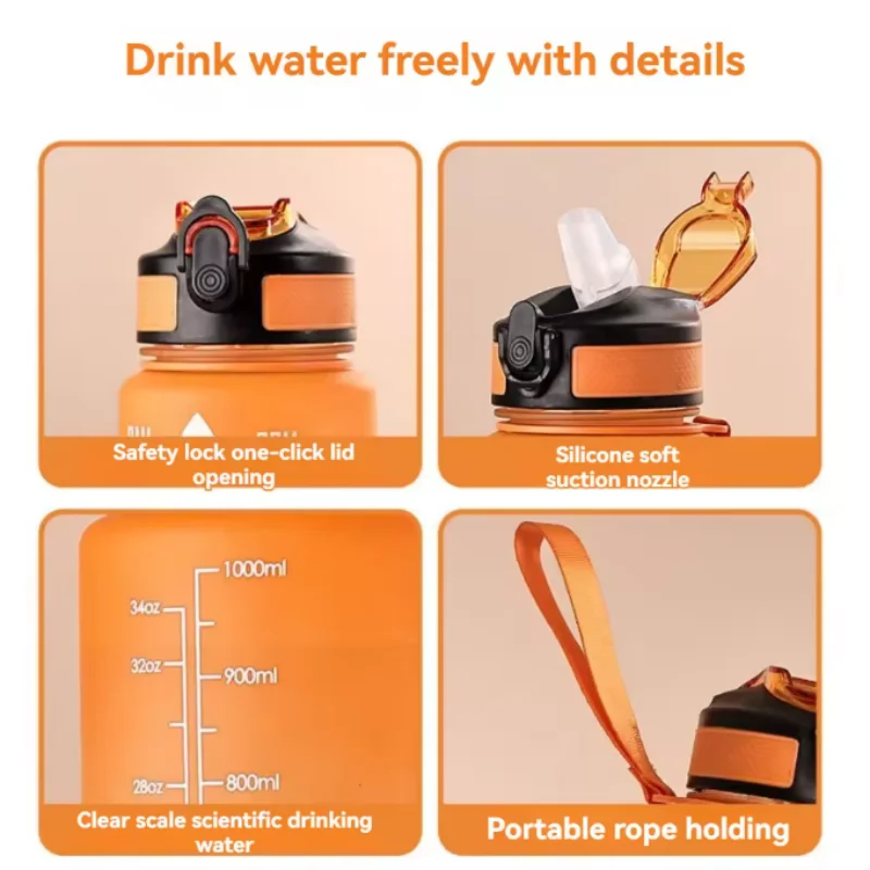 1L زجاجة ماء التدرج اللون تحفيزية الرياضة زجاجة ماء علامة الوقت مانعة للتسرب كوب لمكتب الصالة الرياضية في الهواء الطلق شاكر زجاجات