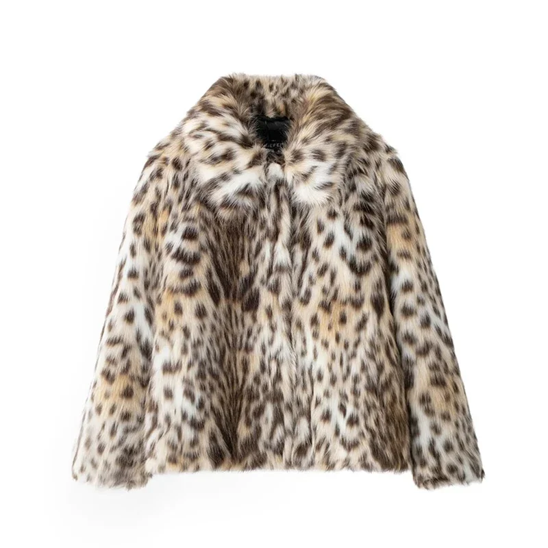 

Spring Autumn Winter Women Leopard Faux Fur Jackets Fashion Streetwear Casual Oversized Turn Down Collar Elegant Thick Coats